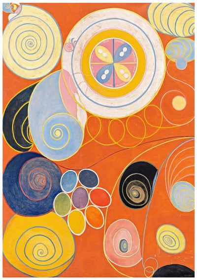 Experience the dynamic and lively visual effect of "Number 3 Youth Hilma af Klint" from Blue Dog Posters. This A3 poster on 250gsm satin paper features abstract artwork with swirling, spiral patterns in various sizes, colors, and shapes, overlaid on a vibrant orange background. The design includes intricate concentric circles and ovals with stunning color variations.