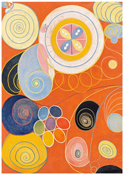 Experience the dynamic and lively visual effect of "Number 3 Youth Hilma af Klint" from Blue Dog Posters. This A3 poster on 250gsm satin paper features abstract artwork with swirling, spiral patterns in various sizes, colors, and shapes, overlaid on a vibrant orange background. The design includes intricate concentric circles and ovals with stunning color variations.