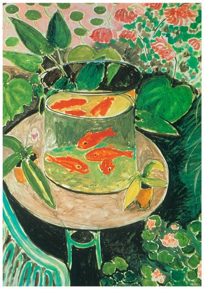 The vibrant "Goldfish by Matisse" poster by Blue Dog Posters features a bright, colorful painting depicting a glass bowl filled with five orange fish on a round wooden table. The scene is surrounded by lush green plants, pink flowers, and vibrant foliage, creating a lively botanical atmosphere. This classic art poster is printed on high-quality 250gsm Satin Paper.