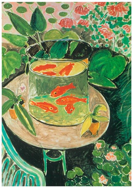 The vibrant "Goldfish by Matisse" poster by Blue Dog Posters features a bright, colorful painting depicting a glass bowl filled with five orange fish on a round wooden table. The scene is surrounded by lush green plants, pink flowers, and vibrant foliage, creating a lively botanical atmosphere. This classic art poster is printed on high-quality 250gsm Satin Paper.