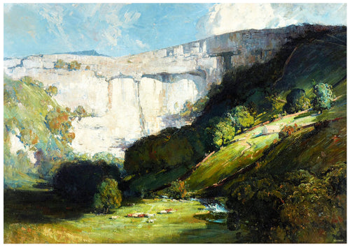 Malham Cove - Arthur Streeton by Y showcases a peaceful valley with cows grazing on lush green fields. The scene is bathed in bright sunlight, highlighting a towering white cliff in the background. Scattered trees cast gentle shadows on the ground, while a stream winds through the lower right corner of this exquisite landscape.