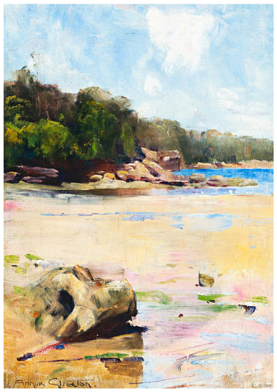 The vibrant painting titled "Sirius Cove - Arthur Streeton," available as a Classic Art Poster from Brand Y on high-quality 250gsm Satin Paper, depicts a coastal scene with a sandy beach in the foreground and a rocky outcrop covered in greenery in the background. The blue sky is dotted with clouds, and the ocean gently laps at the shoreline. The artist's signature is visible in the lower left corner.