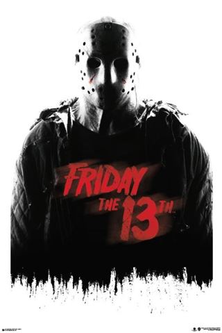 A cult movie poster features a menacing figure wearing a hockey mask and tattered clothing in front of a white background. The text "Friday the 13th" is boldly written in red and black across the center, with a row of silhouetted trees at the bottom edge. Perfect for any MTV 348 Friday The 13th - Jason Collection.