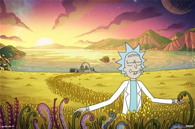 An animated character with spiky blue hair, wearing a white lab coat, contentedly walks through a field of yellow plants with a serene expression. In the background, there is a body of water with mountains and a setting sun, and a spaceship is visible near the shore—a scene perfect for our MTV 070 Rick And Morty - Freedom collection.