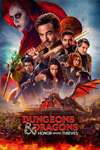 Poster for the hit movie "Dungeons & Dragons - Honour Among Thieves" by MTV 024, featuring a group of characters in various action poses with weapons and magic against mystical landscapes and a dragon. Printed on premium 150gsm gloss paper, the title is prominently displayed at the bottom.