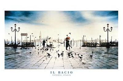 A couple embraces and kisses on a wet, reflective plaza with scattered pigeons. Streetlamps line the sides, and gondolas float in the canal behind them under a cloudy sky. Part of the Scenic Collection of Cityscape Posters by NAT 046, the words "Il Bacio - Venice" are at the bottom.