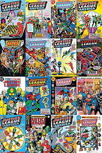A collage of vintage "Justice League of America" comic book covers featuring various superheroes in colorful, dynamic action scenes. Printed on premium 150gsm gloss paper, these MTV Justice League Cover Montage posters showcase diverse characters and artwork styles from different eras of the comic series.