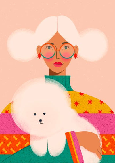 An illustration titled "Matching Hairdos by Kitty O Illustrates" showcases a person with large white hair puffs, wearing round glasses and a colorful star-patterned sweater, holding a fluffy white dog. The background is a soft beige color. As part of the Featured Artists Collection from fap, this art print is available on premium quality Matte Art Paper.