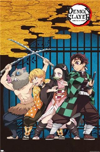 The MTV Demon Slayer - Group Anime Poster showcases four iconic heroes—including a boar-headed warrior and a checkered robe fighter—perfect for any Movies & TV collection.