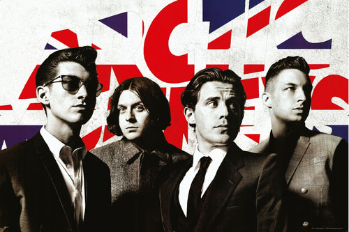 Four men in suits stand in front of a stylized background featuring red, white, and blue sections reminiscent of the Union Jack flag. They all have serious expressions and are looking in different directions. Ideal for any music collection, this "Arctic Monkeys - Flag" rock poster from MUS 048 is printed on premium 150gsm gloss paper.