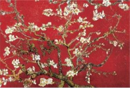 The "Van Gogh - Almond Blossom in Red" poster by MEZ showcases blooming white flowers on intricate, winding branches set against a rich red background. The detailed branches and blossoms create a dynamic and elegant composition, evoking a sense of nature and beauty, all printed on premium 150gsm gloss paper.