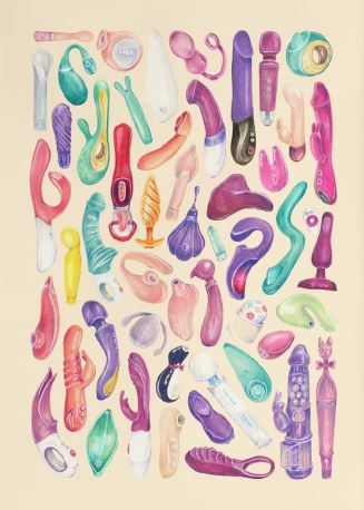 The "50 Up: Good Vibes by Amy Blue" poster from Blue Dog Posters features an array of vibrantly colored sex toys, such as vibrators, dildos, butt plugs, and other sexual wellness products, arranged in a grid pattern against a beige background. Displayed on 250gsm satin paper, the toys showcase a variety of shapes, sizes, and colors that highlight the diverse designs available.