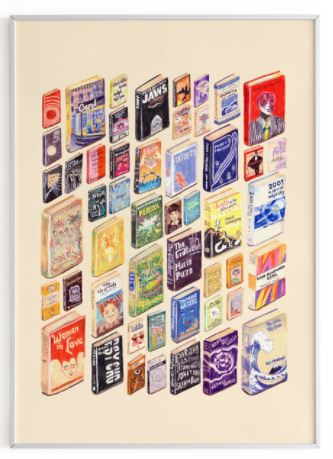 A colorful art print illustration depicting an assortment of classic book covers arranged in a grid pattern. The covers include titles like "Jaws," "Moby Dick," "Slaughterhouse-Five," "Pride and Prejudice," and "The Catcher in the Rye." Part of the Blue Dog Posters collection, 50 Up: Books to Film by Amy Blue is printed on 250gsm satin paper.