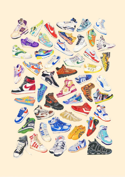 50 Up: Sneaker Head by Amy Blue from fap features an illustrated collection of vibrant athletic shoes, including brands like Nike and Adidas, arranged in a captivating pattern on a light beige background. Printed on 250gsm Satin Paper, this art print showcases an array of colorful and intricately detailed sneaker designs.