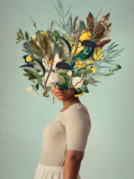 A woman wearing a light-colored dress stands in front of a pale blue background, her head obscured by a surreal collage of various plants, leaves, flowers, and birds that form a vibrant and imaginative headdress. This art print, titled "Light Will Never Go Out" by Frank Moth and presented by Blue Dog Posters, is part of our Featured Artists Collection on high-quality 250gsm Satin Paper.