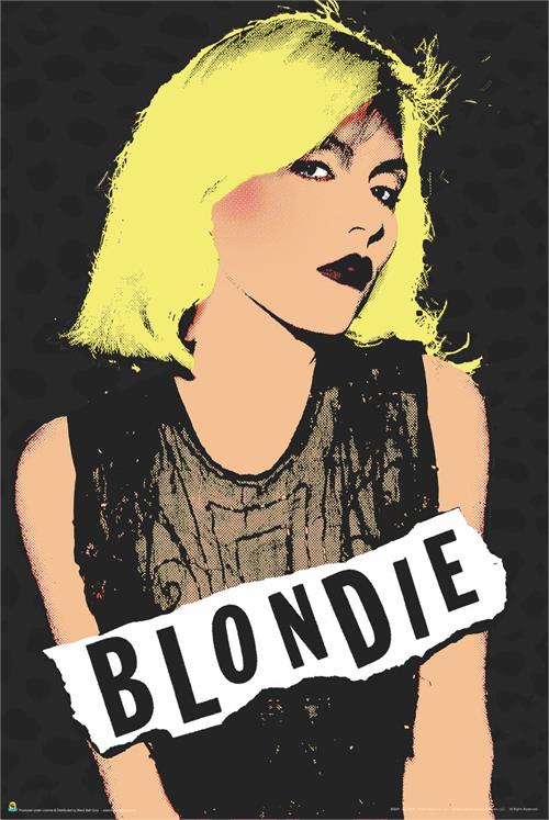 A stylized pop art image featuring a person with bright yellow hair on a dark backdrop. They're in a sleeveless black top with bold dark lipstick. The word "BLONDIE" stands out prominently at the bottom, making this a perfect addition to any music collection. Printed on premium 150gsm gloss paper by MUS 189.