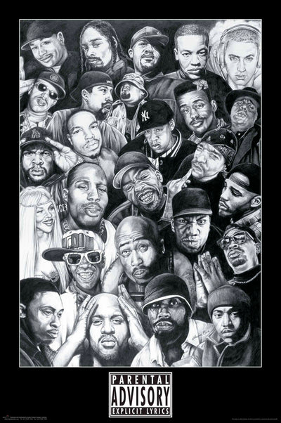 A black and white hip hop poster illustration features numerous well-known artists. Each artist is depicted in detailed, expressive sketches, some wearing hats or sunglasses. A "Parental Advisory Explicit Lyrics" label is prominently placed at the bottom of this Rap Gods artwork printed on premium gloss paper by MUS 325.