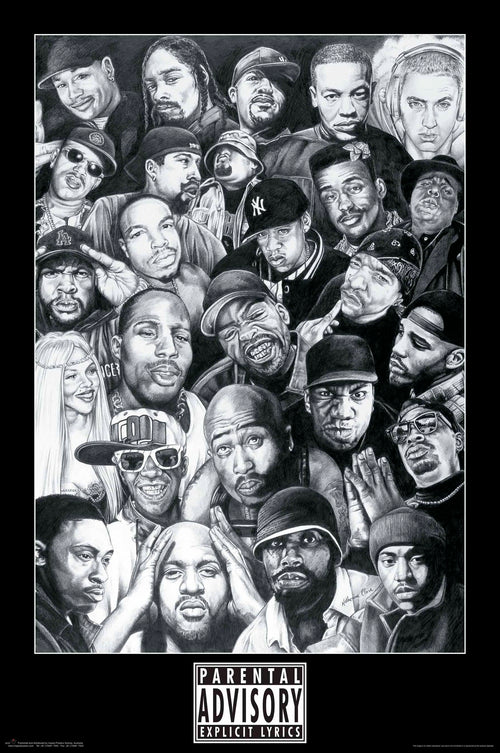 A black and white hip hop poster illustration features numerous well-known artists. Each artist is depicted in detailed, expressive sketches, some wearing hats or sunglasses. A "Parental Advisory Explicit Lyrics" label is prominently placed at the bottom of this Rap Gods artwork printed on premium gloss paper by MUS 325.