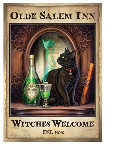 Vintage-style poster from our Decor Series featuring "Olde Salem Inn" with the tagline "Witches Welcome" and date "Est. 1692." A black cat with a red collar and pendant sits on a table with an absinthe bottle, glass, and a spellbook, while a green fairy hovers above the absinthe glass. Lisa Parker Print - Witches Welcome by MEZ!