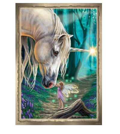 A unicorn with a flowing white mane bends down to meet a small fairy girl with butterfly-like wings in an enchanted forest. The girl, standing on a tree stump, reaches out to touch the unicorn as magical lights glow around them, beautifully captured in our Lisa Parker Print - Fairy Whispers by MEZ on premium quality Matte Art Paper.