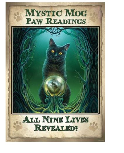 A Lisa Parker Print - Mystic Mog Green featuring a black cat sitting on a tree branch with a glowing crystal ball below. Text at the top reads "Mystic Mog Paw Readings” and at the bottom, “All Nine Lives Revealed!” Stunning colour representation on premium quality Matte Art Paper makes it an enchanting piece of the Large Decor Series Art Prints by MEZ.