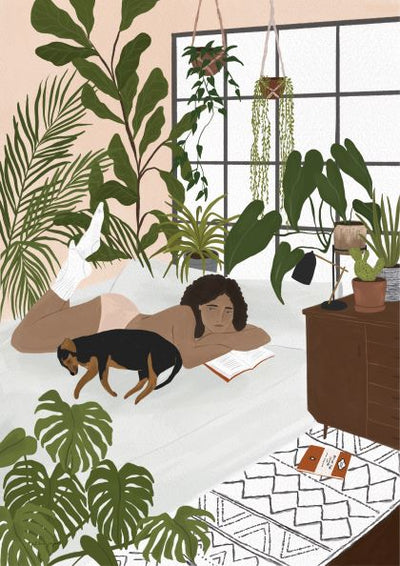 An illustration of a person lying on a bed with several plants and a dog next to them. The person is on their stomach, wearing socks, reading a book. The room is filled with lush greenery, including hanging plants, and there's a geometric-patterned rug on the floor. An exquisite piece from the She cute but she snores by Chloe Joyce collection by fap.