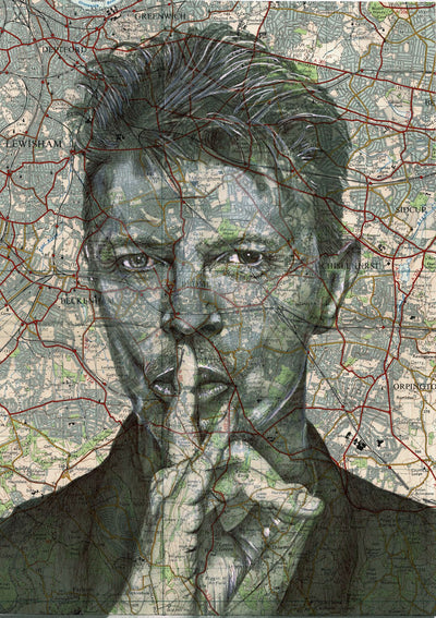 A portrait of a person making a "shushing" gesture with their index finger over their lips. The face is integrated with a detailed map, blending geographical features and roads with facial features, creating a layered effect. This captivating art print is part of our Featured Artists Collection on 250gsm Satin Paper. This captivating art print is part of the David Bowie by The Art of the North collection from fap.