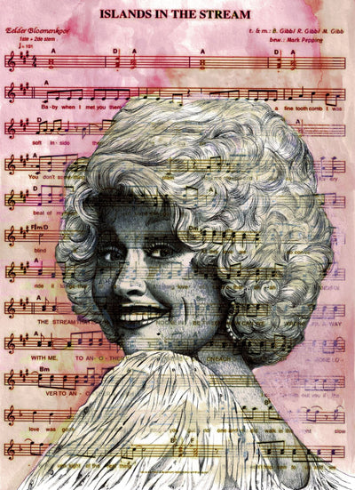 An artistic image features a black-and-white sketch of a smiling woman with curly hair, set against sheet music titled "Islands in the Stream." The musical notes and lyrics are presented with a pinkish hue. This art print, Dolly Parton by The Art of the North from fap, is created using high-quality digital laser printing techniques.