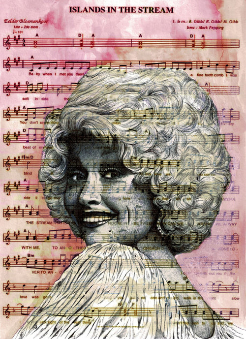 An artistic image features a black-and-white sketch of a smiling woman with curly hair, set against sheet music titled "Islands in the Stream." The musical notes and lyrics are presented with a pinkish hue. This art print, Dolly Parton by The Art of the North from fap, is created using high-quality digital laser printing techniques.