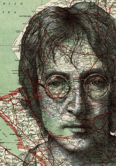 A detailed illustration from the Featured Artists Collection showcases a map blending with the face of a person wearing round glasses. Red lines intertwine with the person's features, merging geography and portraiture. This art print on 250gsm satin paper also includes various towns and geographical details in the background. The product, "John Lennon by The Art of the North" by fap, captures this unique blend beautifully.