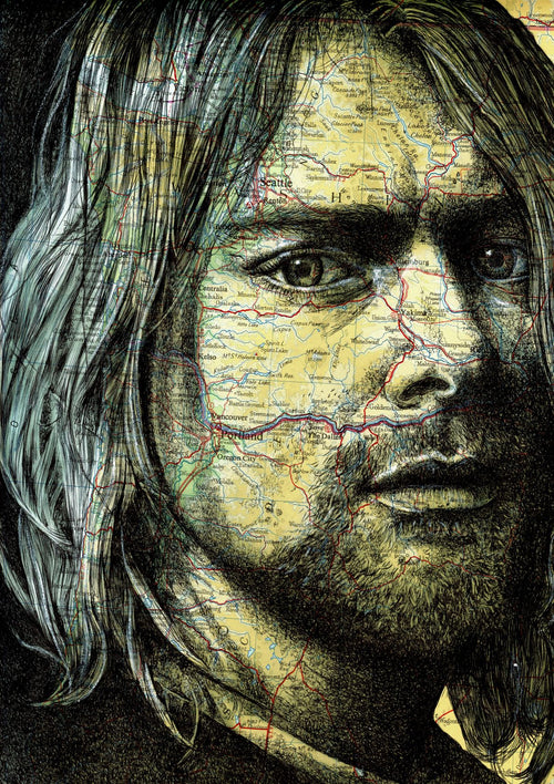 A detailed illustration of a man's face with long hair and a beard is superimposed onto a vintage map. The map covers his face, creating a striking blend of portrait and geographical details. This art print, Kurt Cobain by The Art of the North, part of the Featured Artists Collection by fap, is crafted on high quality 250gsm satin paper.