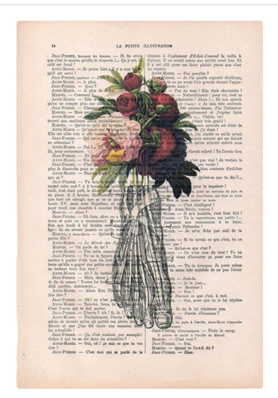 An ABP Antique Book print 29 x 19cm feet Peony is overlaid with a beautifully illustrated design of a skeletal hand holding a colorful, vibrant bouquet of flowers, including roses and peonies. The hand and flowers are detailed and appear to be drawn or printed onto the unique print.