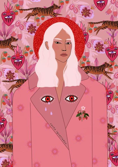 An illustration by Sasha Ignatiadou of a person with long, white hair wearing a pink coat adorned with red eyes and a single tear. A red halo surrounds their head. The background is decorated with tigers, hearts with eyes, and various flowers in pink and red tones, featured in the Pink Universe by Sasha Ignatiadou collection by fap.