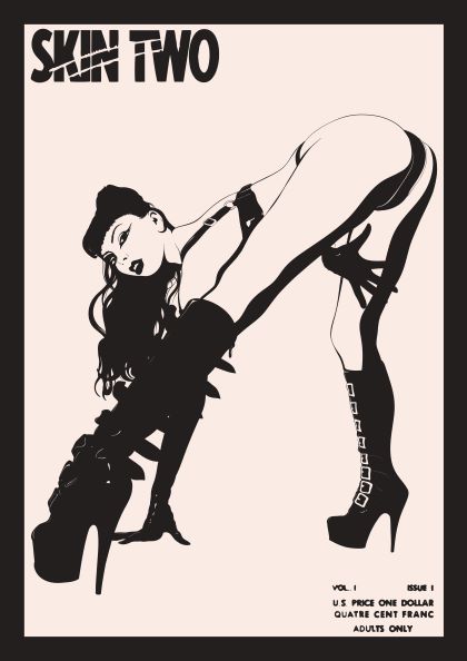 A black and white illustration of a woman posing provocatively in lingerie, thigh-high boots, and a hat. The title "Skin Two by Westmotel" is displayed at the top. Text at the bottom reads "VOL. 1 ISSUE 1 US PRICE ONE DOLLAR QUATRE CENT FRANC ADULTS ONLY." Brand name: fap