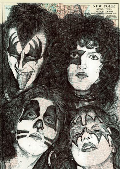 A detailed drawing titled "Kiss by The Art of the North" from the brand fap features four individuals with elaborate makeup, resembling iconic rock band members. Set against a vintage map background labeled "New York," each person showcases distinct face paint designs, including a star, cat whiskers, and a demon-like tongue expression.