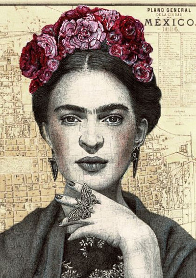The artwork "Frida Kahlo by The Art of the North" from the brand fap depicts a detailed illustration of a woman with a serious expression, adorned with a crown of red and pink flowers and ornate jewelry, set against an old map of Mexico City. Her dark hair is pulled back, and she's holding her hand, which is adorned with rings, near her face.