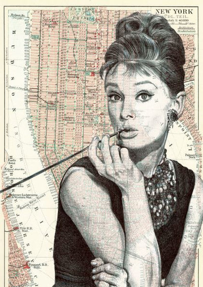 Wearing elegant clothing and sporting an elaborate hairstyle, Audrey Hepburn is depicted holding a long cigarette holder in The Art of the North by fap. Her image is superimposed over a vintage map of New York City, with the map's intricate details visible through her silhouette to create a striking layered visual effect.