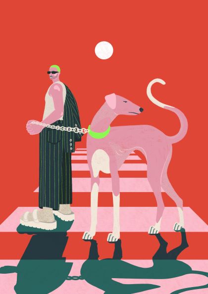 The "Pink Dog Walker" art print by Benjomo, available from fap, features a person in stylish clothing and sunglasses wearing chunky shoes and a green hat, holding a leash attached to a large pink dog with a wagging tail. The background is a simple red with a white sun-like circle, printed on 250gsm satin paper as part of the featured artist collection.