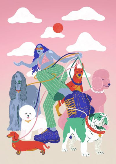 Sunset Dog Walker by Benjomo from the fap brand features a vibrant, colorful illustration of a person with long blue hair and sunglasses walking six dogs of various breeds. The background showcases a pink sky with scattered clouds and a red sun. The subject is dressed in clothes and shoes bursting with vivid colors and patterns, all printed on high quality 250gsm Satin Paper.
