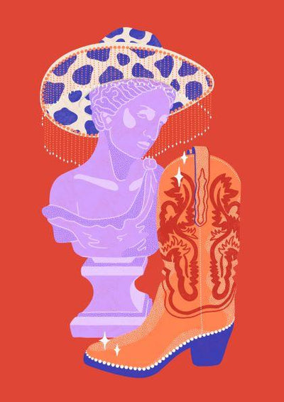 A vibrant illustration features a purple classical statue bust adorned with a leopard-print hat with tassels, set against a red background. Beside it, an orange cowboy boot embellished with intricate patterns and sparkles adds to the eclectic mix. This Art Print titled "Roman Bust & Cowboy Boots by Benjomo" from MEZ 217 seamlessly blends classical art with Western and modern elements.