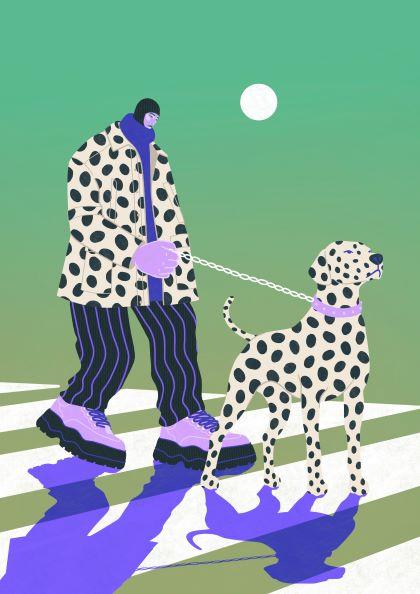 Illustration titled "Spotted Dog by Benjomo 50x70cm" from the MEZ 232 brand. It depicts a person clad in a polka-dotted coat, striped pants, and bulky shoes, walking a Dalmatian dog on a leash. The background showcases a green gradient sky with a small white circle, and the ground features abstract striped patterns and shadows. This piece is part of the Featured Artists Collection by Benjomo.