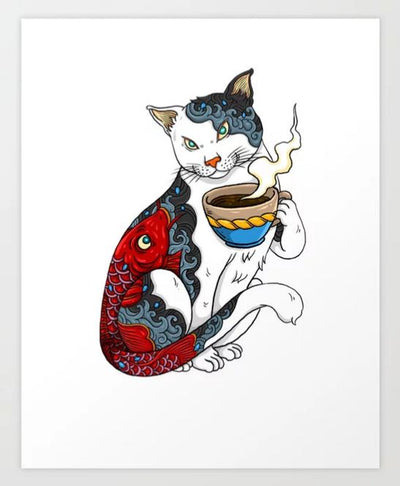 The Cat Drinking Coffee with Fish Tattoo art print from GAL198's Gallery Series showcases a playful feline with a koi fish and blue water patterns, holding a steaming cup and winking against a pristine white background.