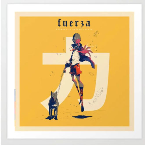 A stylized illustration of a person with a red face mask, floating upside down and holding a spear. A wolf-like creature stands on the ground below, connected by the spear. The vibrant yellow background features large, bold white kanji characters. This striking art print is part of our Gallery Series, printed on archival paper. Text at the top says "fuerza". The product is called Fuerza by Elmenorenlahabana and is available from GAP.