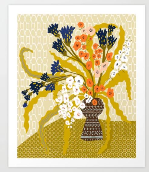 Matisse Flower Vase by Design Dannick for GAP features a stylized bouquet of various flowers in shades of orange, blue, and white arranged in a patterned brown vase. The background showcases a geometric design with a yellow and beige color scheme, giving the image an abstract, modern feel—part of our Large Gallery Series Art Prints on archival paper.