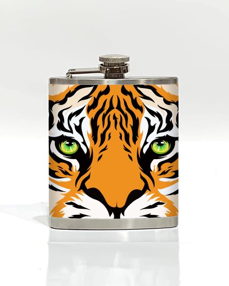 Introducing the Tiger Hip Flask by Blue Dog Posters, a stunning stainless steel hip flask from our Cool Gifts Collection. It showcases a tiger's face with vivid green eyes and striking black stripes set against an orange and white background. This stylish flask also features a screw-top lid to ensure secure closure.