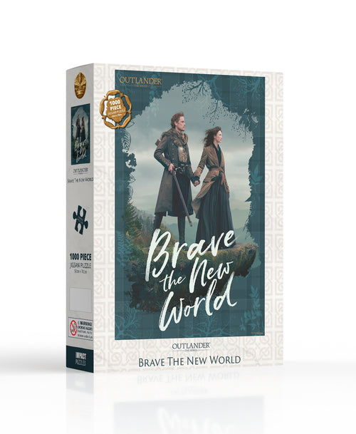 A box of a 1000-piece jigsaw puzzle titled "Outlander - 1000pc Puzzle" by Blue Dog Posters. The cover image features two characters standing on a cliff, looking into the distance. Part of the officially licensed giftware collection, the box highlights the puzzle piece count and the recommended age rating of 12+ years.