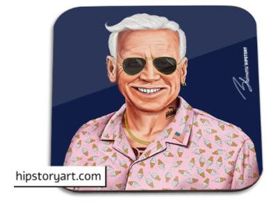 Illustration of an older man with white hair, wearing aviator sunglasses and a pink shirt with a colorful pattern. He has a tattoo on his neck and is smiling broadly against a dark blue background. The signature "B. Seiferovich" is visible on the right side, resembling artwork for the Hipstory Coaster Joe Biden by Blue Dog Posters.