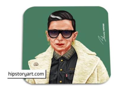A stylized illustration of an older person with short dark hair, a streak of white, wearing a white fur coat and dark sunglasses. The background is green. Part of the Homewares Collection, this artwork is signed with "hipstoryart.com" at the bottom left. The product name is Hipstory Coaster Ruth Bader Ginsberg from Blue Dog Posters.