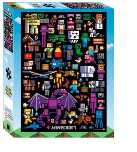 A boxed Minecraft Mobbery 1000pc Puzzle by Blue Dog Posters featuring a detailed pixel art collage of numerous Minecraft characters and elements, including blocky figures, animals, and tools. Officially licensed and part of a premium giftware collection, the 1000-piece puzzle showcases vibrant colors on a blue sky background.