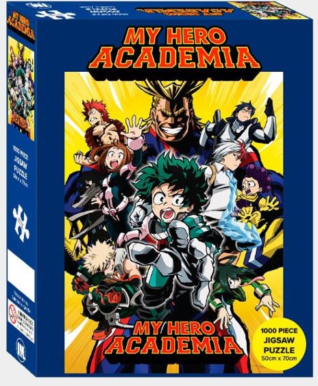 The My Hero Academia 100-piece jigsaw puzzle from Blue Dog Posters features various characters from the anime, with "My Hero Academia" prominently displayed in bold red letters at both the top and bottom. As part of our officially licensed Giftware Collection, this puzzle measures 50cm x 70cm.